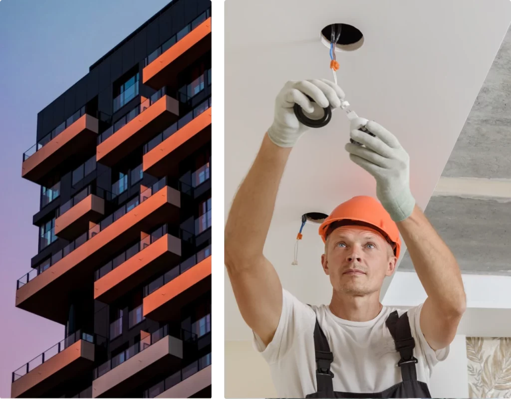 On the left, an apartment building. On the right, a man in an orange hard hat installs an energy-efficient lightbulb.